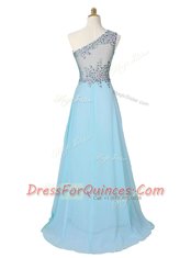 New Arrival One Shoulder Sleeveless Chiffon With Brush Train Side Zipper Prom Dresses in Aqua Blue with Beading