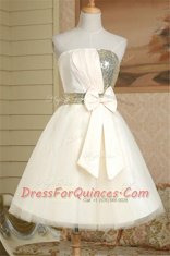 Customized Satin Strapless Sleeveless Lace Up Sequins and Bowknot Prom Dresses in Champagne