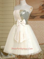 Customized Satin Strapless Sleeveless Lace Up Sequins and Bowknot Prom Dresses in Champagne