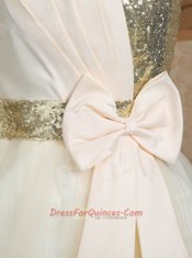 Customized Satin Strapless Sleeveless Lace Up Sequins and Bowknot Prom Dresses in Champagne