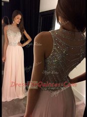 Admirable Scoop Sleeveless Asymmetrical Beading Side Zipper Prom Evening Gown with Pink