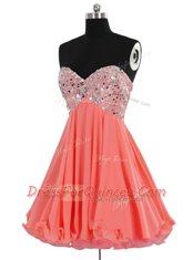 Watermelon Red A-line Sweetheart Sleeveless Chiffon Mini Length Lace Up Beading