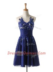 Navy Blue A-line Scoop Sleeveless Chiffon Knee Length Backless Appliques Prom Dresses