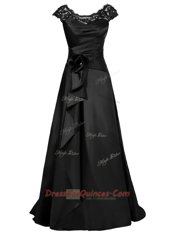 Black Scoop Zipper Beading and Appliques Prom Gown Cap Sleeves