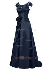 Black Scoop Zipper Beading and Appliques Prom Gown Cap Sleeves