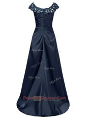 Black Scoop Zipper Beading and Appliques Prom Gown Cap Sleeves