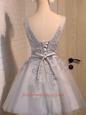 Sexy Grey Sleeveless Mini Length Beading and Appliques Lace Up Dress for Prom