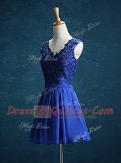 Luxury Mini Length Royal Blue Chiffon Sleeveless Appliques
