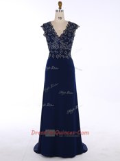 Ideal Navy Blue Chiffon Zipper Prom Party Dress Sleeveless Sweep Train Appliques