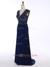Ideal Navy Blue Chiffon Zipper Prom Party Dress Sleeveless Sweep Train Appliques