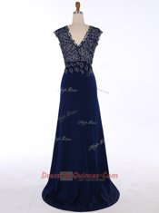 Ideal Navy Blue Chiffon Zipper Prom Party Dress Sleeveless Sweep Train Appliques