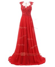 With Train A-line Sleeveless Red Prom Gown Brush Train Zipper