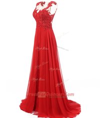 With Train A-line Sleeveless Red Prom Gown Brush Train Zipper
