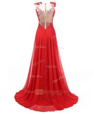 With Train A-line Sleeveless Red Prom Gown Brush Train Zipper