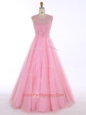 Discount Baby Pink A-line Satin Scoop Sleeveless Beading and Appliques Floor Length Backless Prom Party Dress