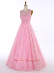 Discount Baby Pink A-line Satin Scoop Sleeveless Beading and Appliques Floor Length Backless Prom Party Dress