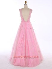 Discount Baby Pink A-line Satin Scoop Sleeveless Beading and Appliques Floor Length Backless Prom Party Dress