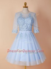 Flirting Light Blue Scoop Backless Appliques Evening Dress Half Sleeves