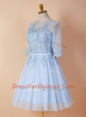 Flirting Light Blue Scoop Backless Appliques Evening Dress Half Sleeves