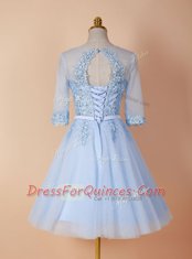 Flirting Light Blue Scoop Backless Appliques Evening Dress Half Sleeves