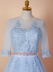 Flirting Light Blue Scoop Backless Appliques Evening Dress Half Sleeves
