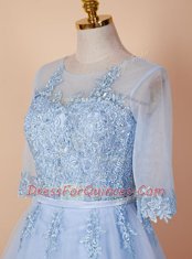 Flirting Light Blue Scoop Backless Appliques Evening Dress Half Sleeves