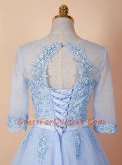 Flirting Light Blue Scoop Backless Appliques Evening Dress Half Sleeves