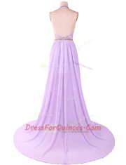 Backless Chiffon Sleeveless With Train Prom Dresses Brush Train and Lace