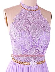 Backless Chiffon Sleeveless With Train Prom Dresses Brush Train and Lace