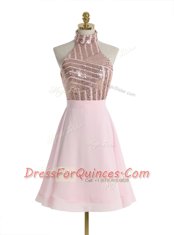 Halter Top Sleeveless Chiffon Knee Length Backless Homecoming Dress in Baby Pink with Sequins