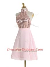 Halter Top Sleeveless Chiffon Knee Length Backless Homecoming Dress in Baby Pink with Sequins