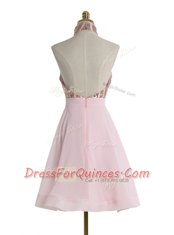 Halter Top Sleeveless Chiffon Knee Length Backless Homecoming Dress in Baby Pink with Sequins