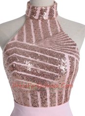 Halter Top Sleeveless Chiffon Knee Length Backless Homecoming Dress in Baby Pink with Sequins