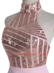 Halter Top Sleeveless Chiffon Knee Length Backless Homecoming Dress in Baby Pink with Sequins