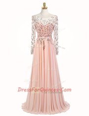 Scoop Peach A-line Beading Evening Dress Backless Chiffon Long Sleeves With Train