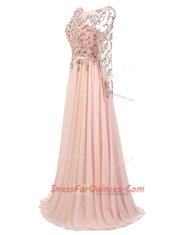 Scoop Peach A-line Beading Evening Dress Backless Chiffon Long Sleeves With Train