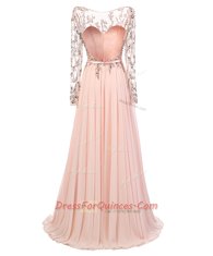 Scoop Peach A-line Beading Evening Dress Backless Chiffon Long Sleeves With Train