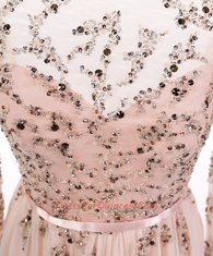 Scoop Peach A-line Beading Evening Dress Backless Chiffon Long Sleeves With Train