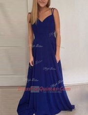 Dynamic Scoop Royal Blue Chiffon Backless Prom Dress Sleeveless Brush Train Ruching