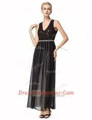 Backless V-neck Sleeveless Prom Evening Gown Ankle Length Beading and Pleated Black Chiffon