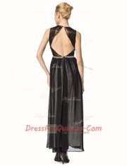 Backless V-neck Sleeveless Prom Evening Gown Ankle Length Beading and Pleated Black Chiffon