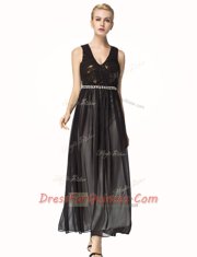 Backless V-neck Sleeveless Prom Evening Gown Ankle Length Beading and Pleated Black Chiffon