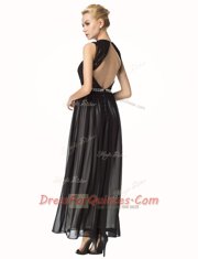 Backless V-neck Sleeveless Prom Evening Gown Ankle Length Beading and Pleated Black Chiffon