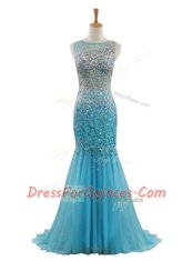 Low Price Mermaid Blue Bateau Neckline Beading Prom Dresses Sleeveless Zipper
