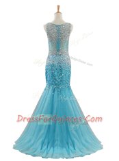 Low Price Mermaid Blue Bateau Neckline Beading Prom Dresses Sleeveless Zipper
