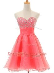 Lovely Sleeveless Organza Zipper Homecoming Dress in Watermelon Red with Beading