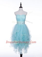 Light Blue Tulle Zipper Dress for Prom Sleeveless Asymmetrical Beading