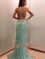 Scoop Lace Sleeveless Evening Dress Brush Train and Beading