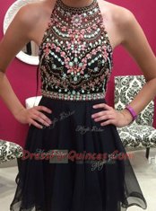 Inexpensive Chiffon Halter Top Sleeveless Side Zipper Beading Prom Dress in Black