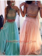 Halter Top Blue A-line Beading Prom Dress Zipper Tulle Sleeveless Floor Length